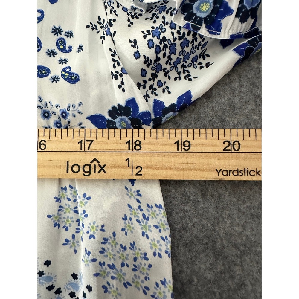 LOFT Blouse XS White Blue Floral Paisley Ruffle Long Sleeve Cottagecore Boho - Picture 4 of 8